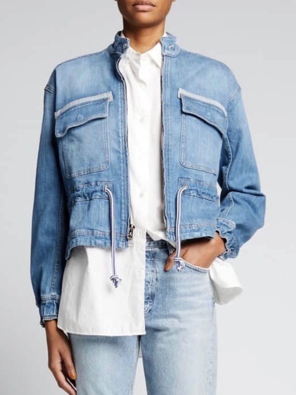 NWT Veronica Beard XL Denim ROZ Jacket Peplum Drawstring Zip Front $428